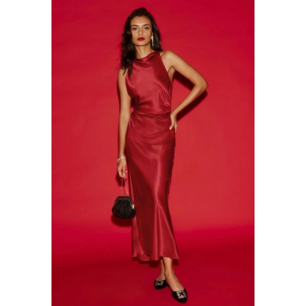 Reformation Casette Silk Dress 6 Red Open Back Cowl Neck Maxi Gown - Picture 10 of 10